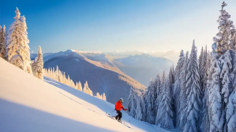 Un paisaje invernal con montañas nevadas, esquiadores vibrantes y chalets de madera, que evoca aventura y alegría