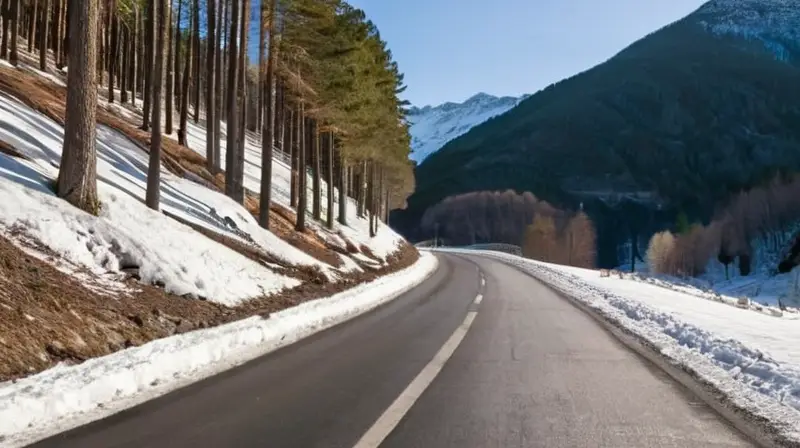 Un camino montañoso nevado con huellas de neumáticos, un vehículo estacionado y personas conversando, todo en un hermoso paisaje andorrano bajo el sol invernal