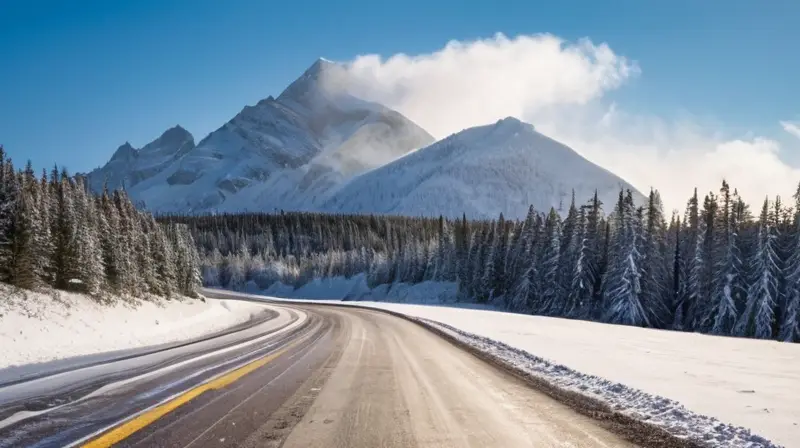 Un camino montañoso nevado con huellas de neumáticos y un coche estacionado