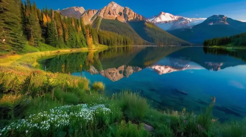 Un paisaje montañoso sereno con picos nevados, valles verdes, lagos cristalinos y una atmósfera tranquila invita a la exploración