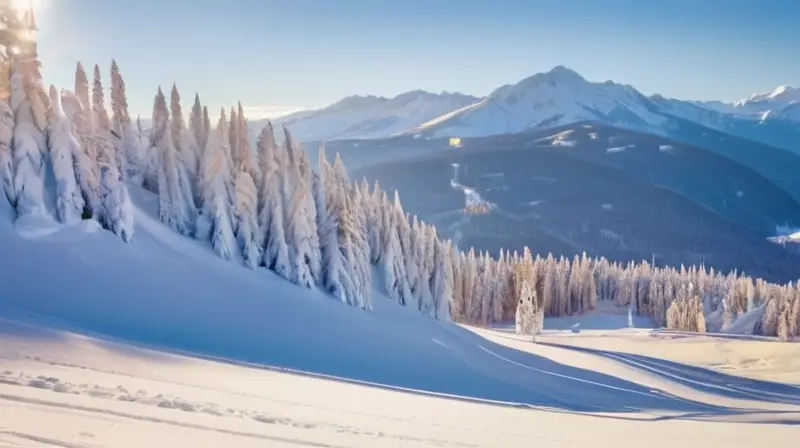 Un vibrante paisaje invernal con montañas nevadas, esquiadores en acción y un ambiente festivo