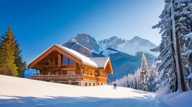 Un paisaje invernal festivo con montañas nevadas, esquiadores, cabañas acogedoras y un ambiente de alegría y camaradería