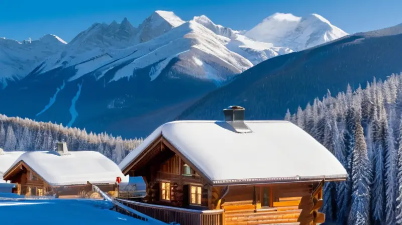 Un paisaje invernal de montañas nevadas, esquiadores vibrantes y cabañas acogedoras en un ambiente mágico