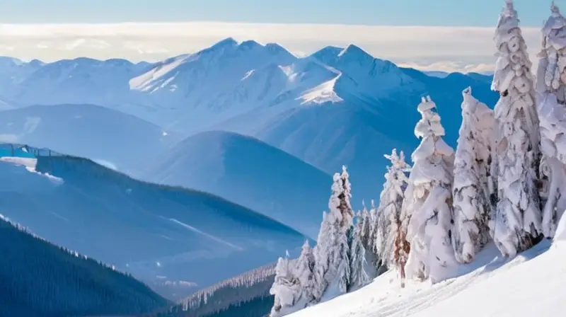 Un paisaje invernal de montañas nevadas, esquiadores vibrantes y un cielo azul brillante