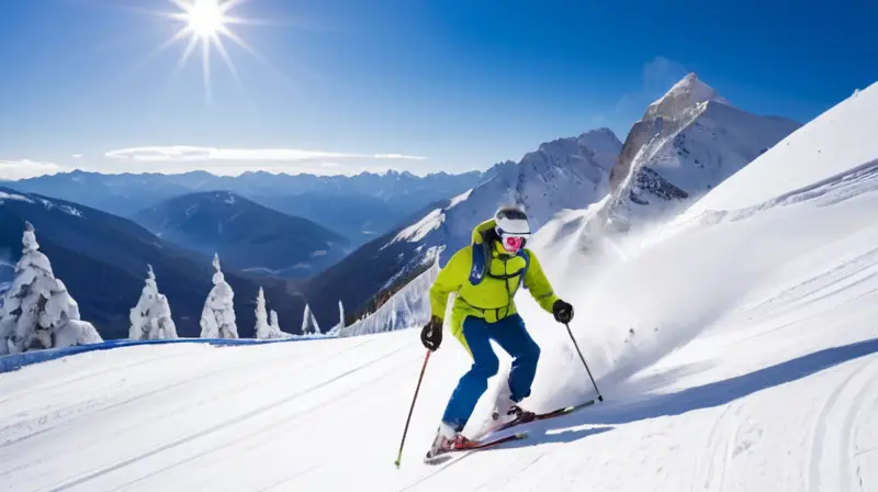 Esquidores en pendientes nevadas bajo un cielo azul, creando un dinámico espectáculo de color y movimiento