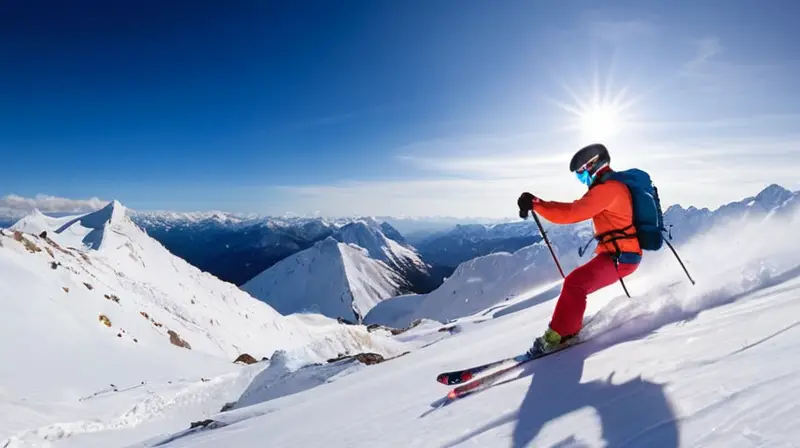 Un esquiador solitario en rojo desciende por las montañas nevadas del Karakórum bajo un cielo azul