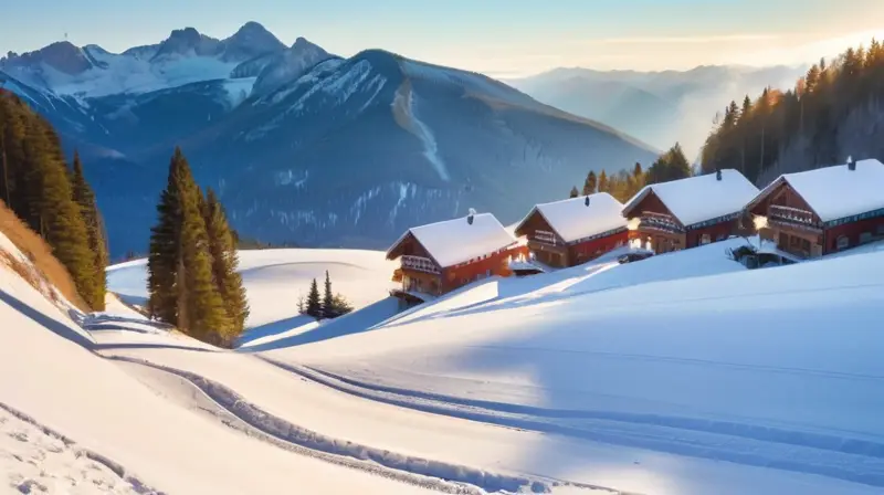 Un paisaje invernal idílico con montañas nevadas, esquiadores felices y cabañas acogedoras bajo un cielo azul