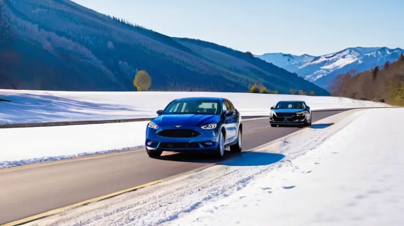 Un elegante coche azul oscuro cubierto con una funda anti-hielo brilla bajo el sol invernal, rodeado de nieve y sombras que realzan su forma