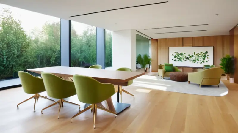 Una oficina moderna y luminosa con paredes de vidrio, suelos de madera pulida, muebles contemporáneos y un ambiente acogedor que fomenta la colaboración