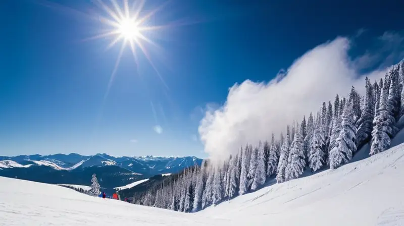 Un paisaje invernal con esquiadores en pendientes nevadas, montañas distantes y chalets acogedores bajo un cielo azul