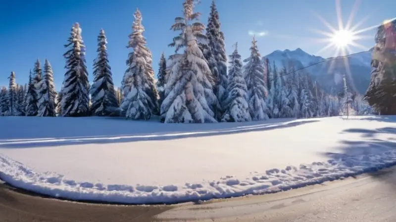 Un aparcamiento nevado con vehículos ordenados, árboles altos, montañas distantes y un ambiente invernal acogedor