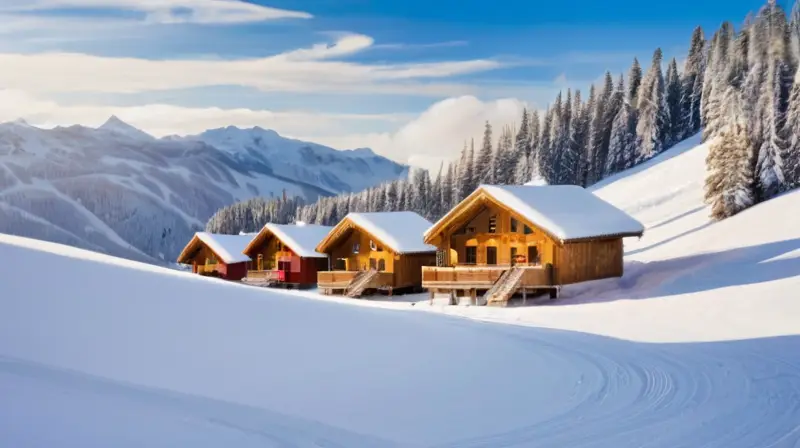 Un paisaje invernal con montañas nevadas, esquiadores coloridos y cabañas de madera bajo un cielo azul brillante