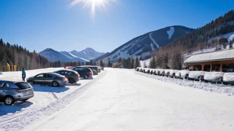 Un aparcamiento nevado con coches de diferentes colores y tamaños, rodeado de montañas y esquiadores, evoca una atmósfera de aventura invernal