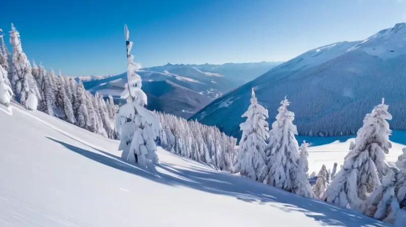 Un paisaje invernal vibrante con esquiadores, montañas, árboles cubiertos de nieve y un ambiente festivo lleno de alegría