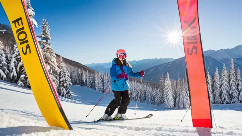 Esquís en acción en una soleada pista nevada, con esquiadores vibrantes y un ambiente lleno de energía