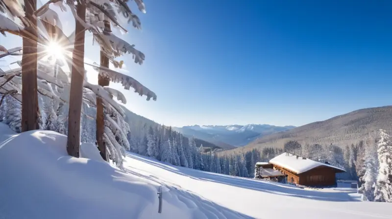 Un paisaje invernal idílico con montañas nevadas, pinos cubiertos de nieve, esquíadores felices y un acogedor café