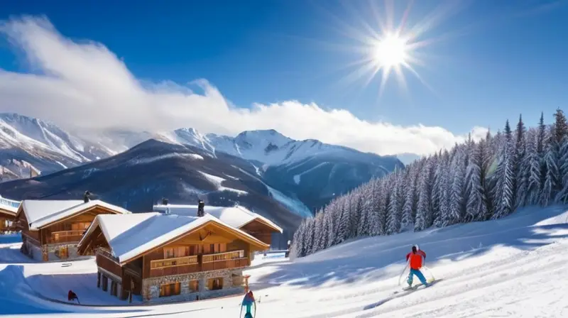 Un bullicioso resort de esquí con montañas nevadas, esquiadores coloridos y un ambiente acogedor