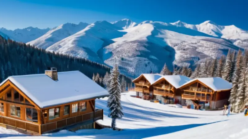 Un paisaje invernal vibrante con montañas nevadas, esquiadores, un acogedor refugio de madera y un ambiente festivo