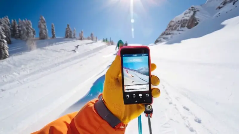 Un paisaje montañoso nevado con esquiadores en acción, bajo un cielo azul y soleado, transmite una sensación de aventura y emoción