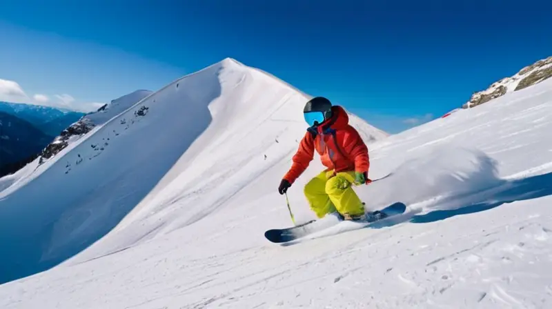 Un paisaje montañoso nevado con snowboarders coloridos y un ambiente de emoción y aventura