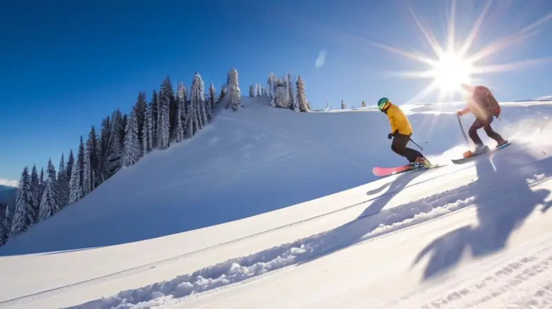 Un paisaje montañoso nevado con snowboarders en acción bajo un cielo azul y luz dorada