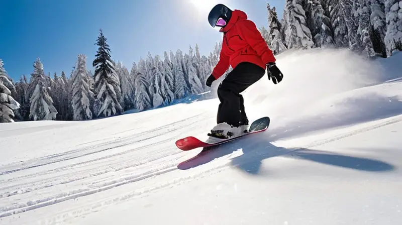 Un principiante en snowboard con chaqueta roja se encuentra en una montaña nevada bajo un cielo azul, rodeado de esquiadores experimentados y un paisaje invernal brillante