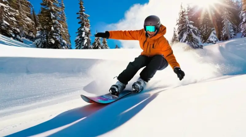 Un grupo diverso de snowboarders se desliza por una montaña nevada bajo un cielo azul