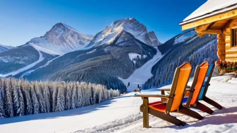 Un acogedor chalet de madera en un paisaje nevado, con esquiadores riendo y disfrutando de chocolate caliente bajo un cielo azul