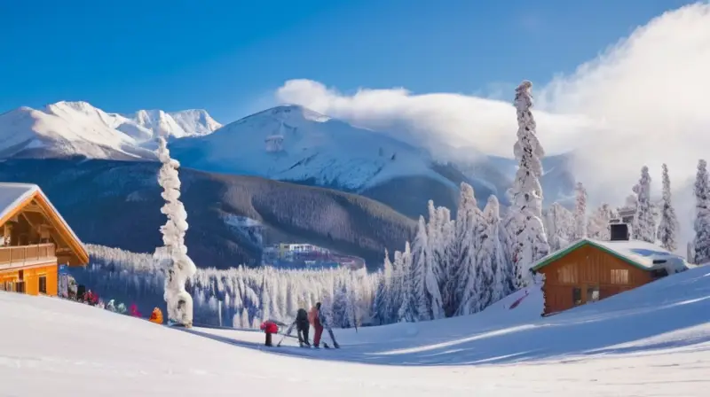 Una escena vibrante de esquiadores en pendientes nevadas bajo un cielo azul