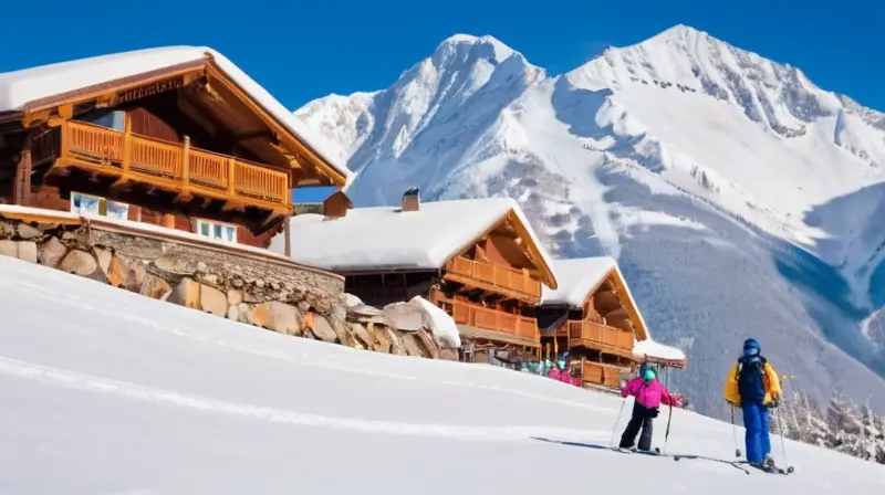 Un paisaje invernal vibrante con esquiadores, risas, cabañas acogedoras y un ambiente festivo