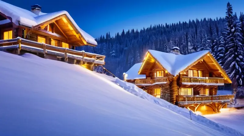 Un paisaje invernal de pistas nevadas, luces cálidas, risas de esquiadores y la magia de la noche estrellada