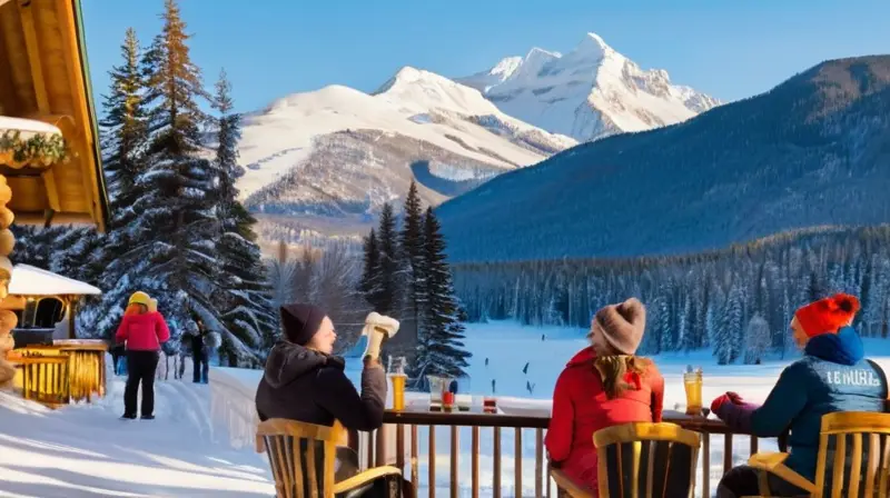 Un vibrante paisaje invernal con esquiadores, chalets acogedores y un ambiente festivo bajo un cielo azul