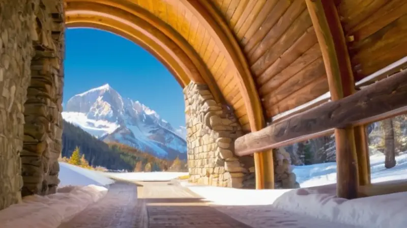 Un paisaje montañoso nevado con un túnel acogedor y turistas emocionados esquiando