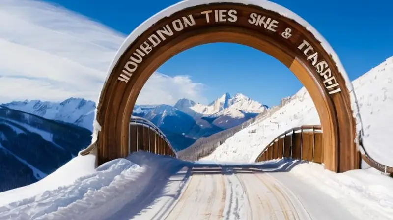 Un paisaje montañoso nevado con picos altos, un túnel de acceso, esquiadores coloridos y un ambiente acogedor para turistas