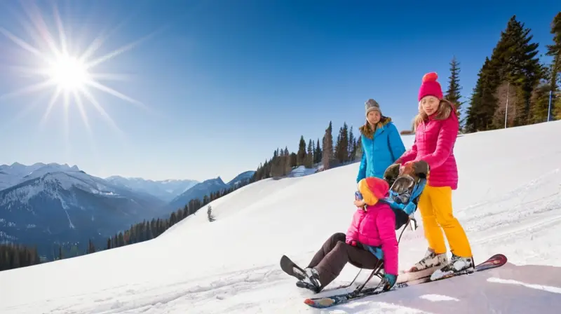 Un paisaje invernal alegre con una familia en la nieve