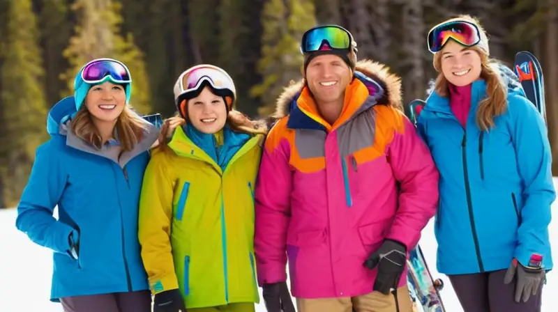 Una familia feliz en un paisaje montañoso nevado, con un cielo azul y detalles vibrantes