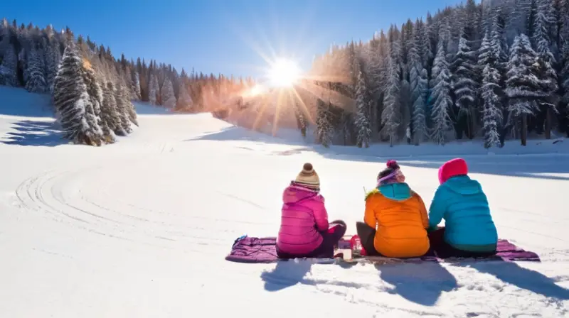 Un paisaje invernal con niños esquiando, familias riendo y disfrutando de chocolate caliente bajo un cielo azul y soleado