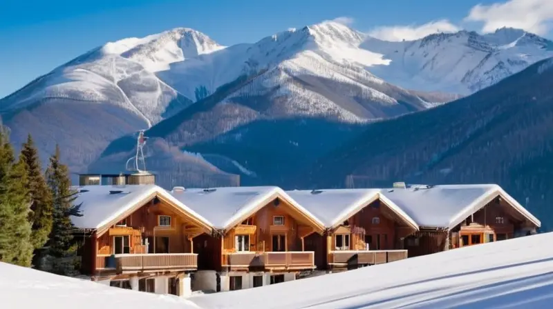 Un paisaje invernal con montañas nevadas, cielo azul, esquiadores coloridos y familias disfrutando en un acogedor resort