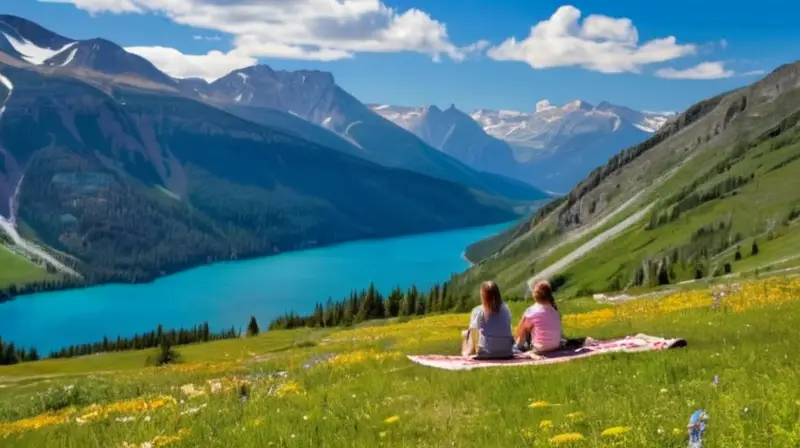 Un día soleado en la montaña con familias disfrutando de la naturaleza y paisajes vibrantes