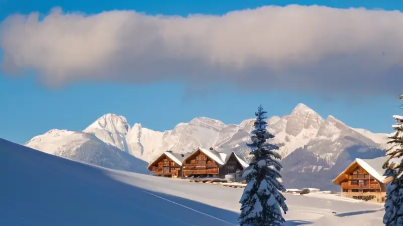 Un paisaje montañoso nevado con picos cubiertos de blanco, un resort de esquí en el valle y esquiadores disfrutando de la nieve