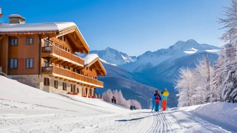 Un paisaje invernal vibrante con montañas nevadas, esquiadores alegres, familias jugando y un ambiente festivo