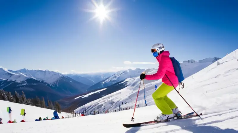 Un paisaje invernal vibrante con esquiadores felices en montañas nevadas y chalets acogedores