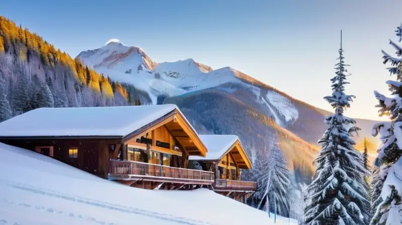 Un paisaje invernal idílico con esquiadores en pendientes nevadas, montañas distantes y un acogedor refugio de madera