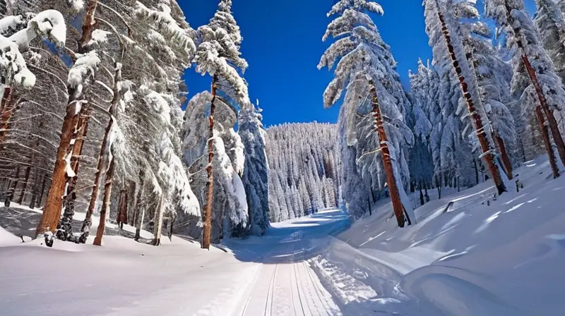 Un paisaje invernal sereno con senderos nevados, pinos cubiertos de nieve y esquiadores deslizándose en un entorno tranquilo