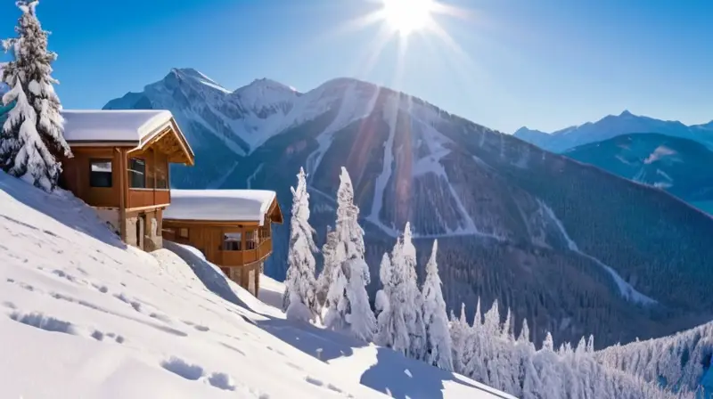 Un paisaje invernal con esquiadores en laderas nevadas, árboles cubiertos de nieve y chalets acogedores bajo un cielo azul