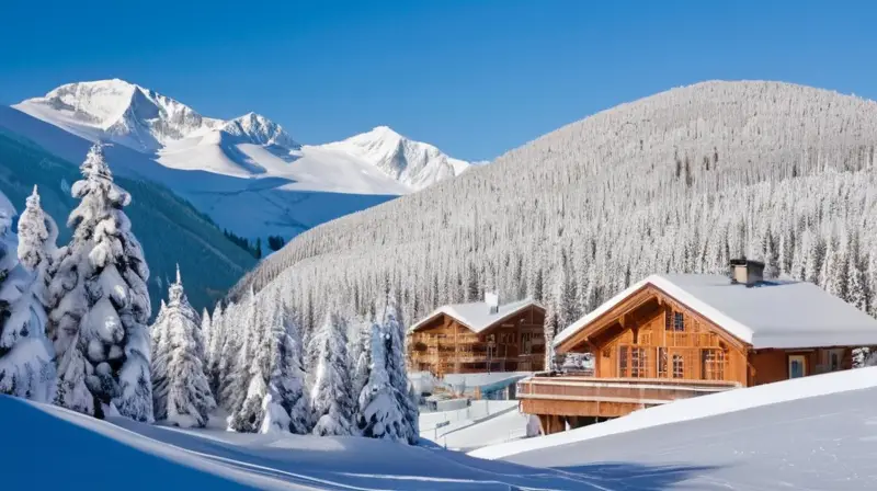 Un paisaje invernal de colinas nevadas, esquiadores coloridos y cabañas acogedoras que evoca tranquilidad y aventura