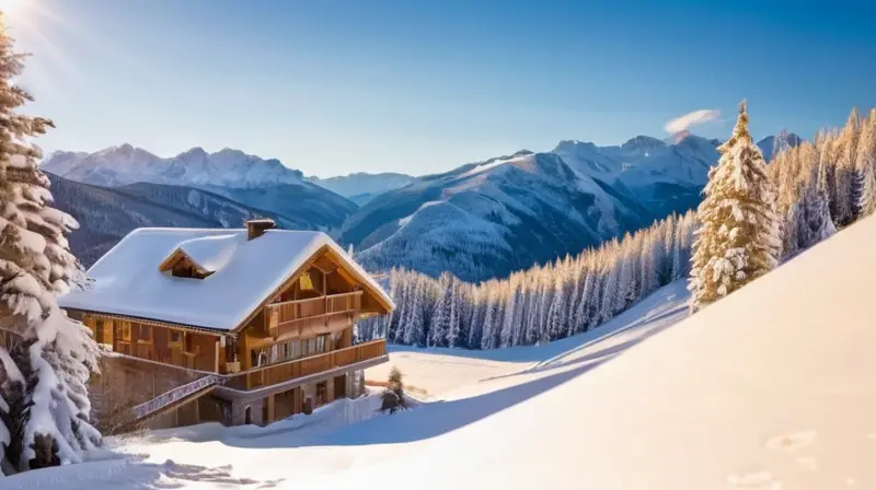 Un paisaje invernal de montañas nevadas, un chalet acogedor y esquiadores disfrutando en un ambiente sereno y vibrante