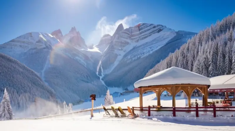 Un paisaje invernal vibrante con esquiadores, montañas cubiertas de nieve y un ambiente acogedor