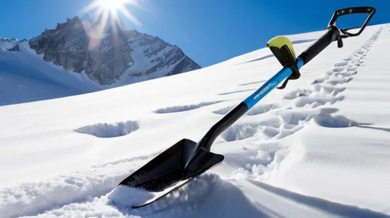 Un paisaje montañoso nevado con herramientas de seguridad para avalanchas dispuestas de manera ordenada bajo un cielo azul brillante