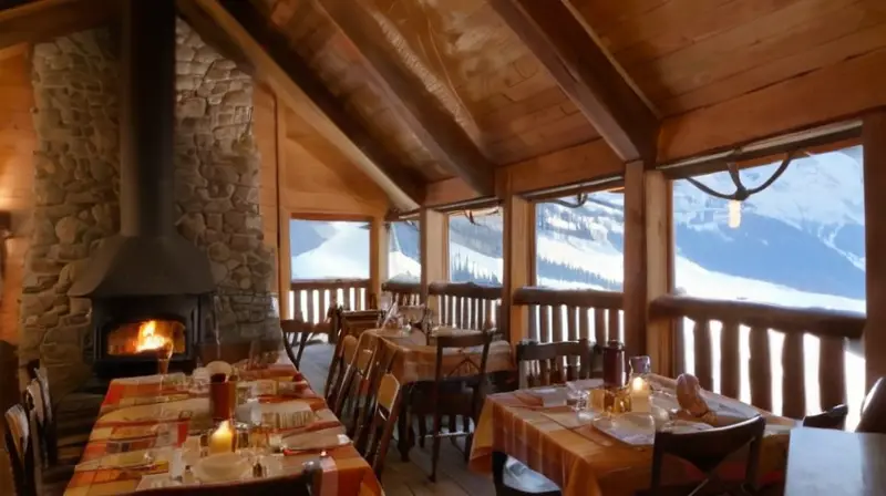 Un acogedor chalet de madera en un paisaje nevado, con esquiadores, comida humeante y un ambiente cálido y vibrante